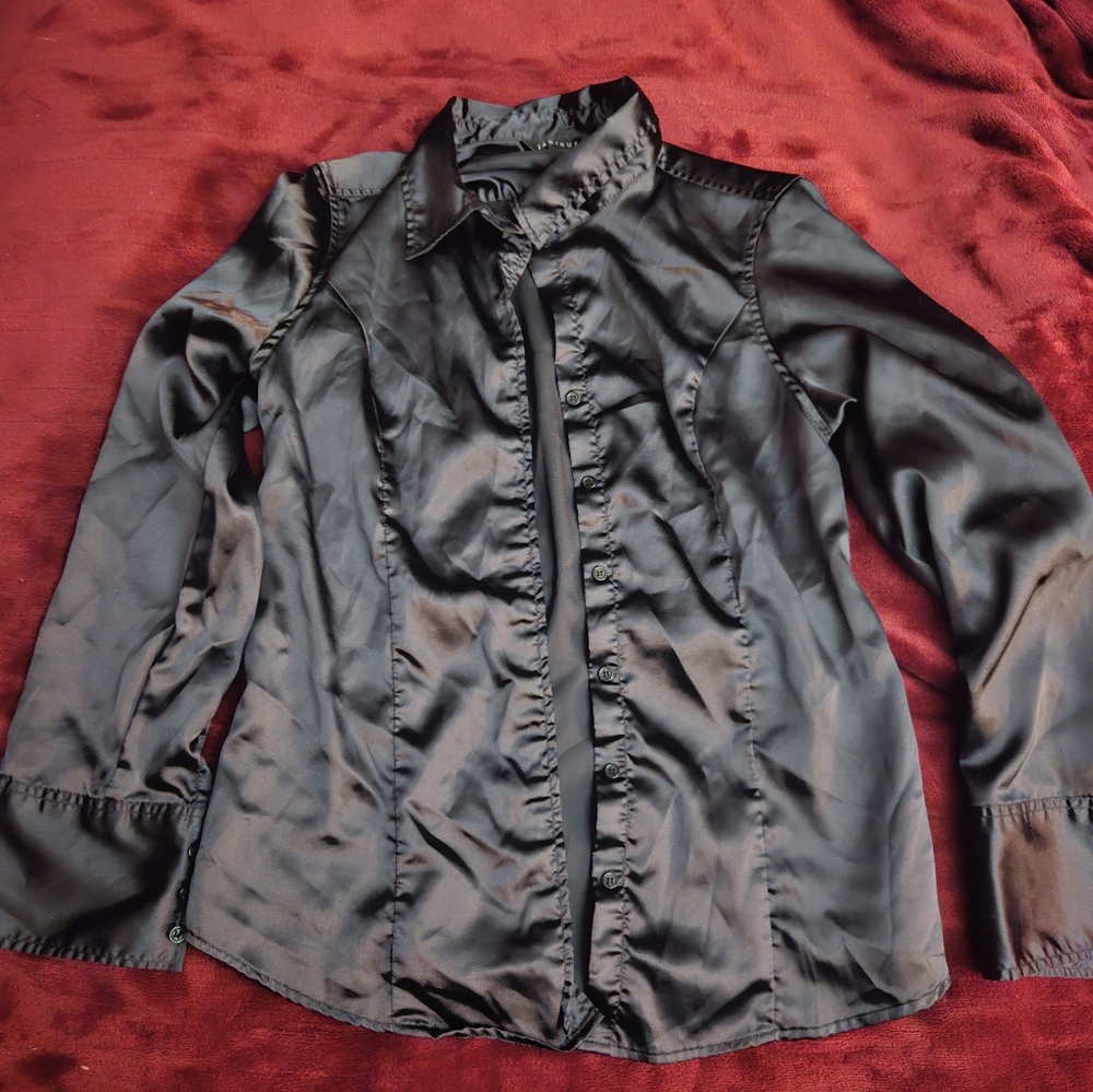 Black silk satin goth shirt - size 12 - Picture 4 of 9